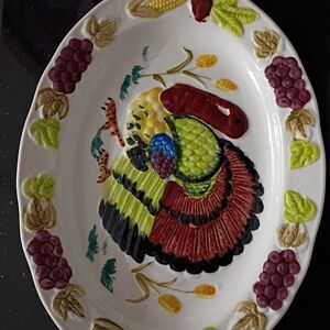 Vintage Large Ceramic Embossed Colorful Turkey Serving Platter